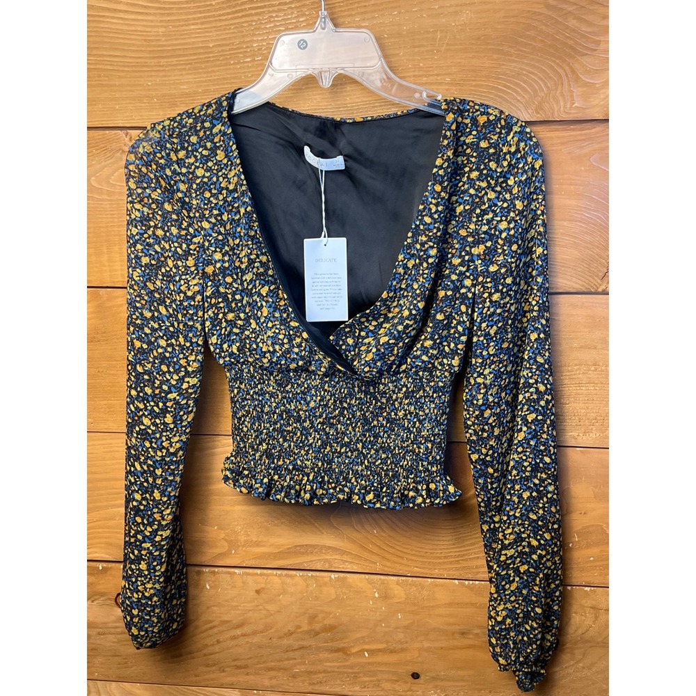 Kookai Floral Shirred Top Long Sleeve V Neck Blouse Delicate Multi Sz 34 chic